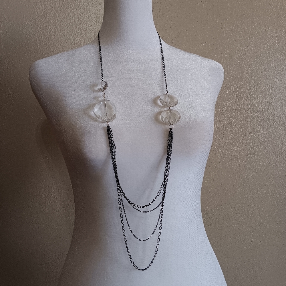 Silver & Clear Tone Beaded Chic Chain Necklace, Dainty Long Simple Minimalist - Picture 2 of 7